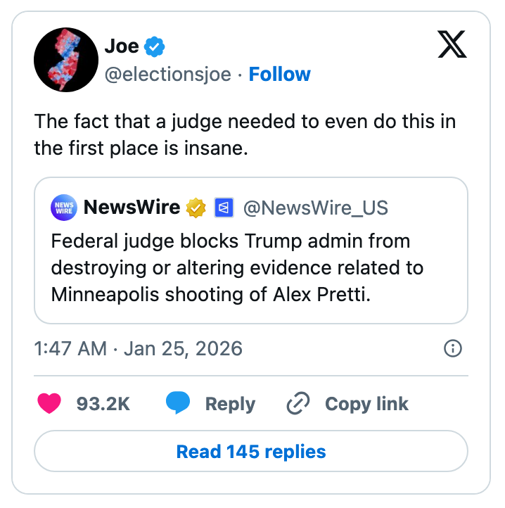 Innlegg på sosiale medier som diskuterer en føderal dommer som blokkerer ødeleggelsen av bevis relatert til Minneapolis-skytingen av Alex Pretti