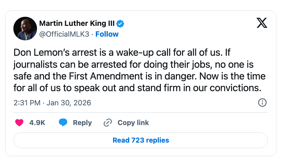 Tweet av Martin Luther King III som oppfordrer til forsvar av journalistikk og den første endringen etter Don Lemons arrestasjon. Lagt ut 30. januar 2026