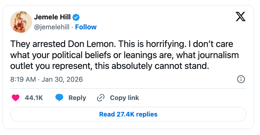 Tweet som uttrykker bekymring over journalisten Don Lemons arrestasjon og dens implikasjoner for journalistikkfrihet