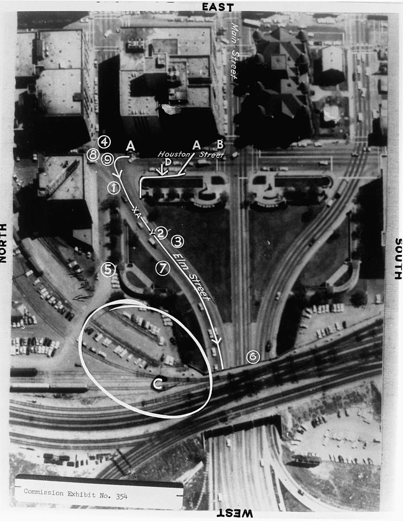 Luftfotodiagram av Dealey Plaza i Dallas som markerer posisjoner, gater og stier, relatert til JFK-attentatet