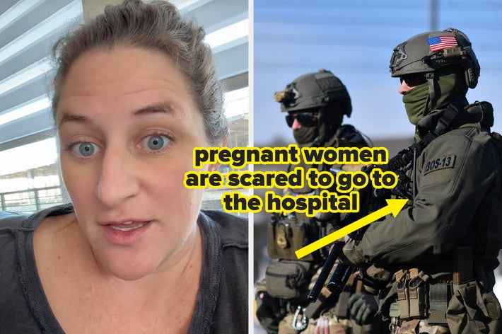 En kvinne dukker opp i et delt bilde med væpnede soldater. En soldat har på seg taktisk utstyr merket med et amerikansk flagg og en synlig lapp