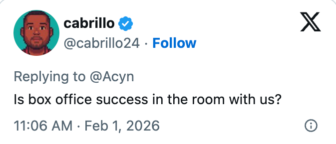 Tweet-skjermbilde: Brukerspørsmål om "boksuksess" er til stede, datert 1. februar 2026, kl. 11:06