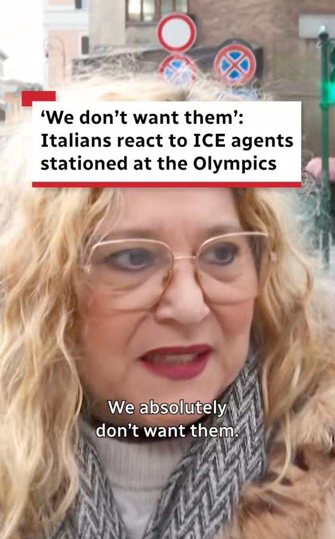 Kvinne som blir intervjuet på en gate diskuterer italiensk reaksjon på ICE-agenter ved OL. Bildetekst over bildet siterer henne: 