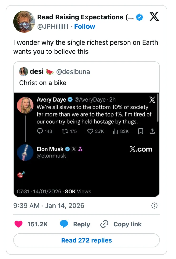 Tweet skjermbilde med to innlegg: JPHilllll spør hvorfor den rikeste personen på jorden vil at du skal tro på en uttalelse. Desi svarer 