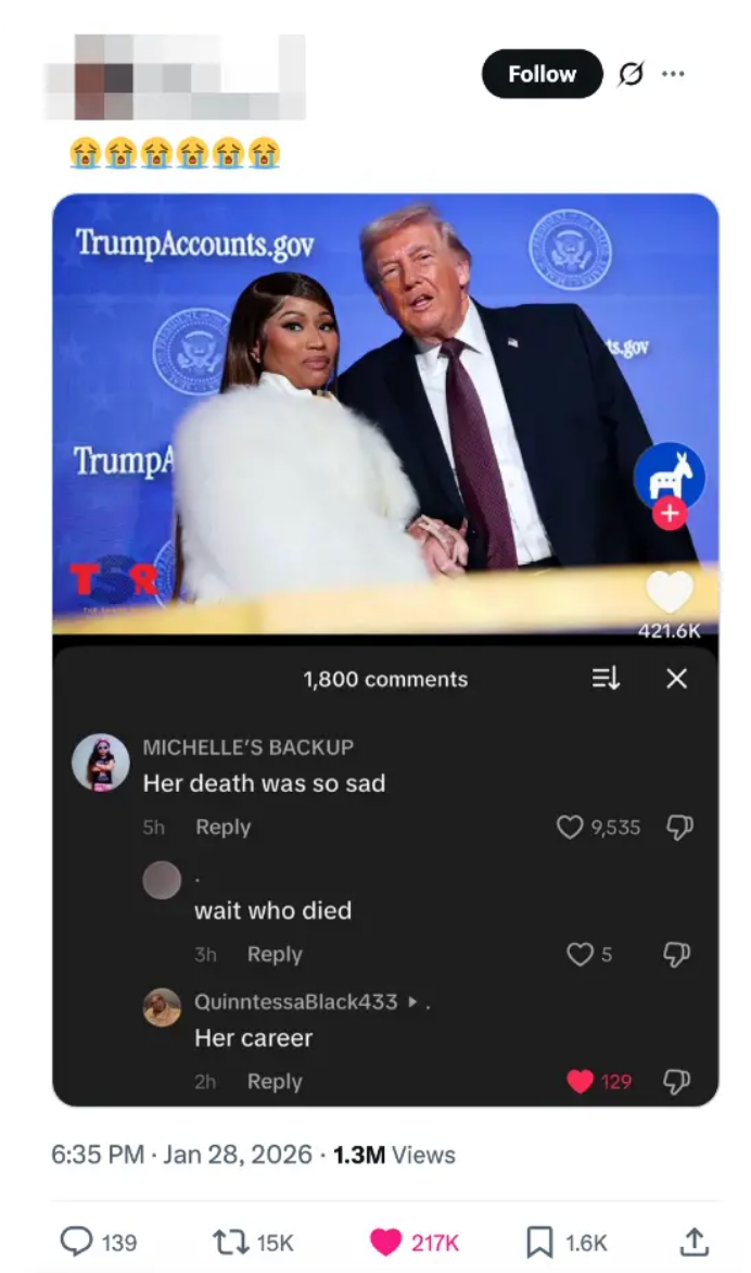 Bilde av et innlegg på sosiale medier med et bilde av en kvinne og en mann som poserer sammen. Kommentarene refererer på humoristisk vis til tilbakeslag i karrieren