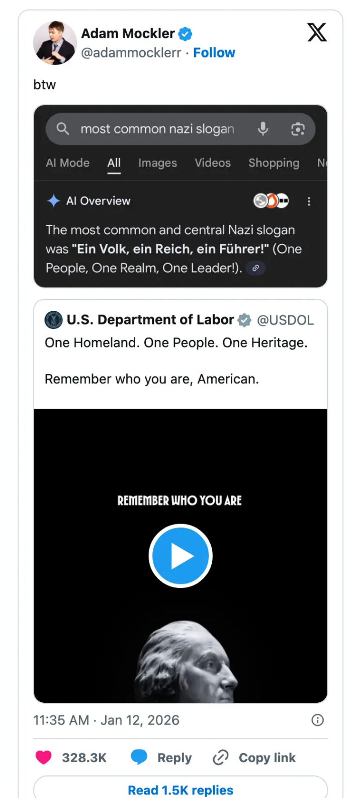 Et skjermbilde viser en tweet som forklarer at "Ett folk, ett rike, en leder" var et nazistisk slagord og en nå slettet, lignende tweet fra det amerikanske arbeidsdepartementet