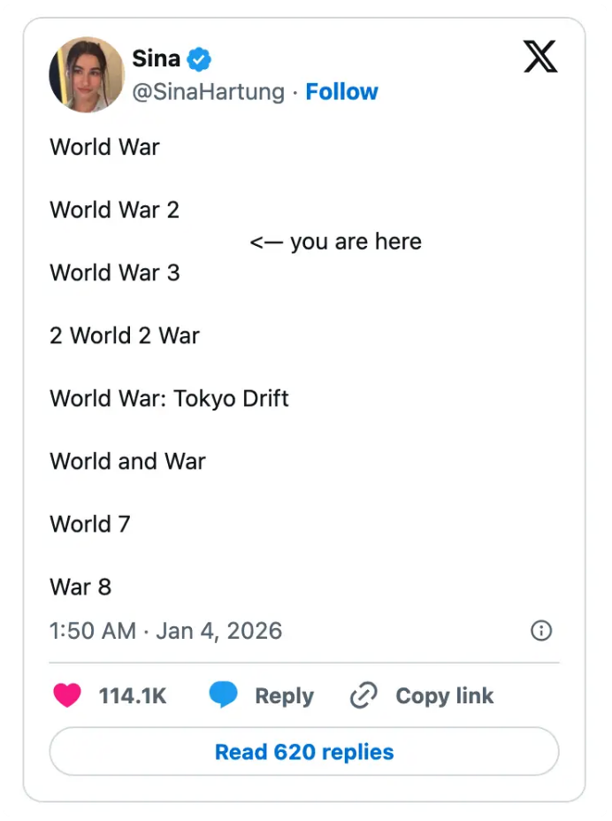 Tweet av Sina som viser humoristiske verdenskrigsoppfølgertitler, med 