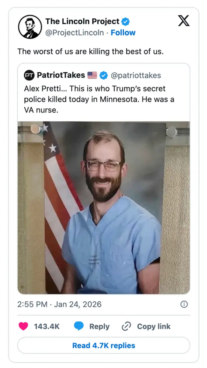 Tweet som viser et bilde av en smilende mann i skrubb, identifisert som en VA-sykepleier. Tekst nevner hans død, angivelig av 