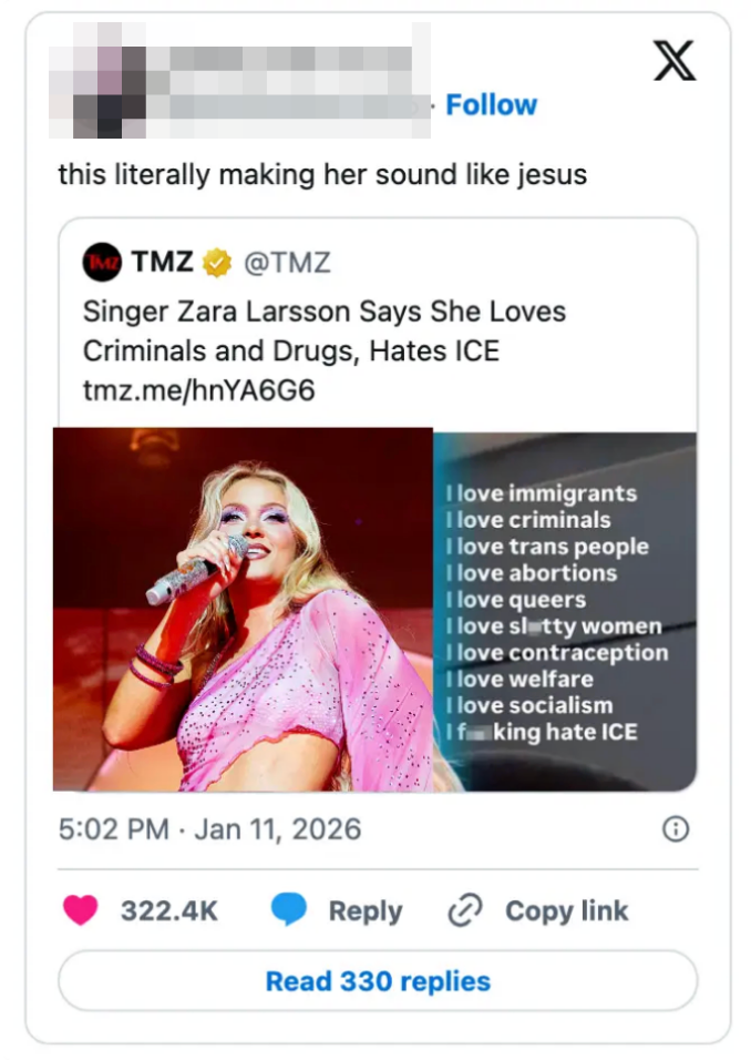 Skjermbilde av en tweet fra TMZ om en sangers kontroversielle uttalelser, med engasjementmål vist nedenfor