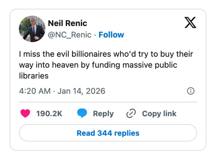 Et innlegg på sosiale medier av Neil Renic som ønsker at velstående individer skal finansiere biblioteker for å komme inn i himmelen