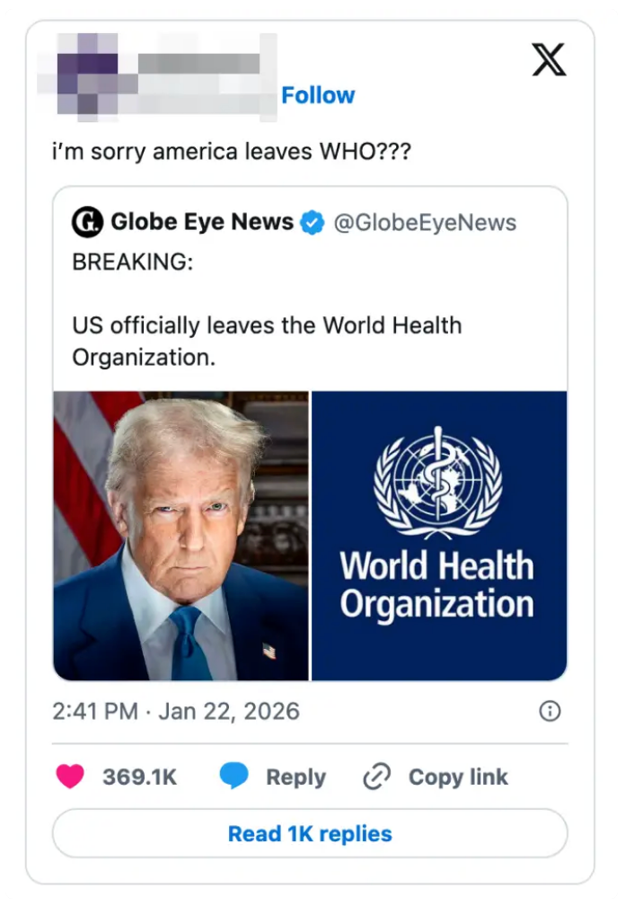 Bilde som viser en tweet om at USA offisielt forlater Verdens helseorganisasjon, med et bilde av en politisk skikkelse
