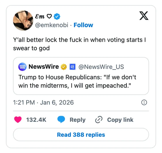 Innlegg på sosiale medier advarer om viktigheten av stemmegivningen, med henvisning til et sitat om riksrett hvis midtveisperiode går tapt