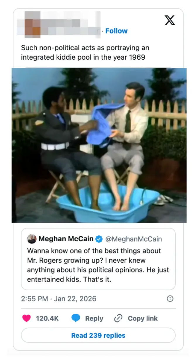 En klassisk Mr. Rogers-scene av ham og en gjest som deler et barnebasseng, og fremhever vennskap. En tweet nedenfor berømmer hans ikke-politiske, barnefokuserte tilnærming