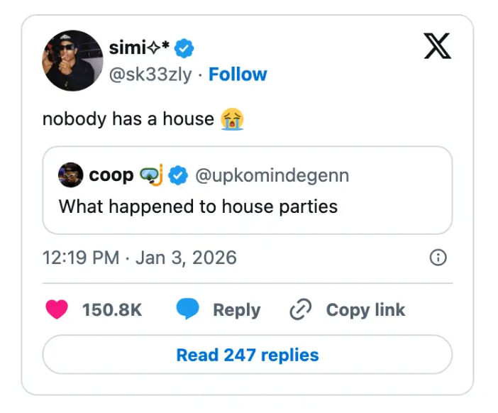 Twitter-utveksling: simi tvitrer «ingen har et hus" med en gråtende ansikt-emoji. Coop svarer: 