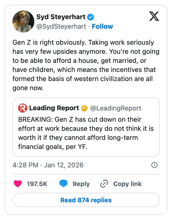 Tweet av Syd Steyerhart: Diskuterer utfordringer Gen Z står overfor med arbeidsprioriteringer. Inkluderer sitert tweet om Gen Zs innsatsreduksjon på grunn av økonomiske bekymringer