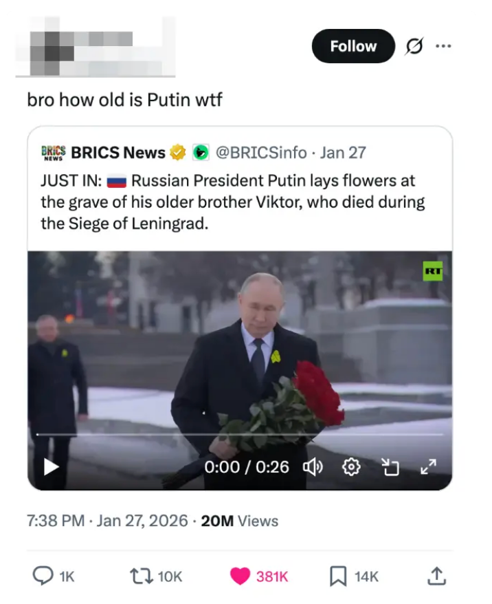 Tweet viser Russlands president Putin som legger blomster ved sin bror Viktor's grav, som døde under beleiringen av Leningrad. Har video- og engasjementsstatistikk