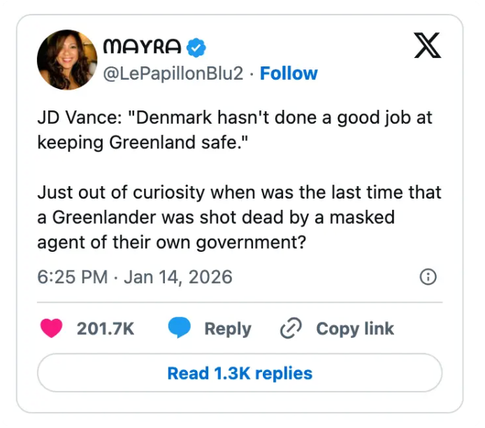 Tweet fra Mayra som stiller spørsmål ved en uttalelse fra JD Vance om Danmarks rolle i Grønlands sikkerhet; spør om vold mot grønlendere