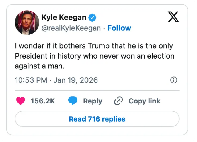 Tweet av Kyle Keegan som stiller spørsmål ved om Trump har noe imot å være den eneste presidenten som aldri vant et valg mot en mann