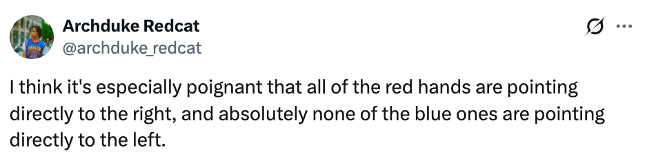 Tekst fra en tweet av @archduke_redcat om retningen til røde og blå hender som peker annerledes