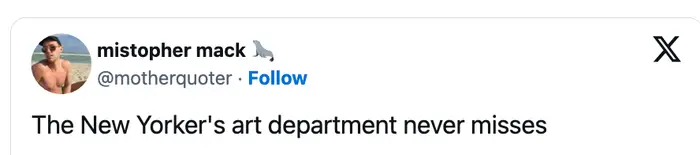 Illustrasjonen viser røde hender som peker til venstre og blå hender som peker mot høyre, og danner tallet 100. Bildetekst: "The New Yorker's art department savner aldri."
