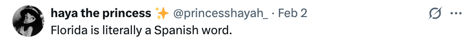 Tweet av @princesssharyah lyder: "Florida er bokstavelig talt et spansk ord."
