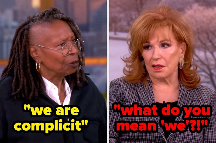 Delt bilde av Whoopi Goldberg og Joy Behar på "Utsikten." Tekst over Whoopi: "vi er medskyldige." Tekst over glede: "hva mener du 