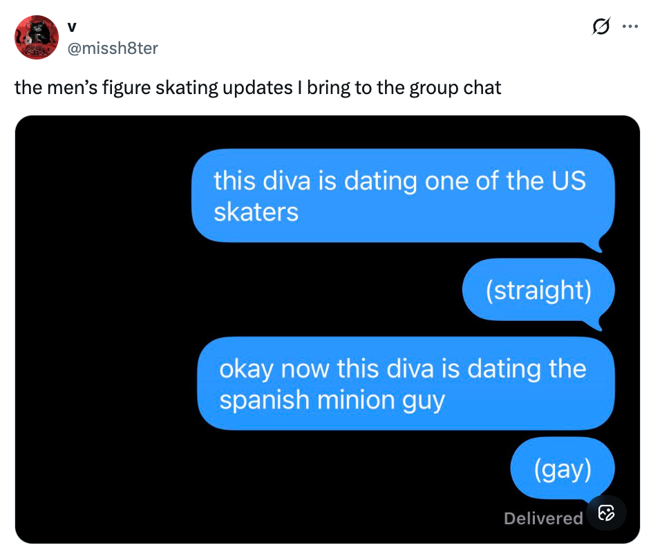 Tekstsamtale om en person som dater forskjellige skatere: en fra USA (strake) og den andre en spansk skater (homofil)