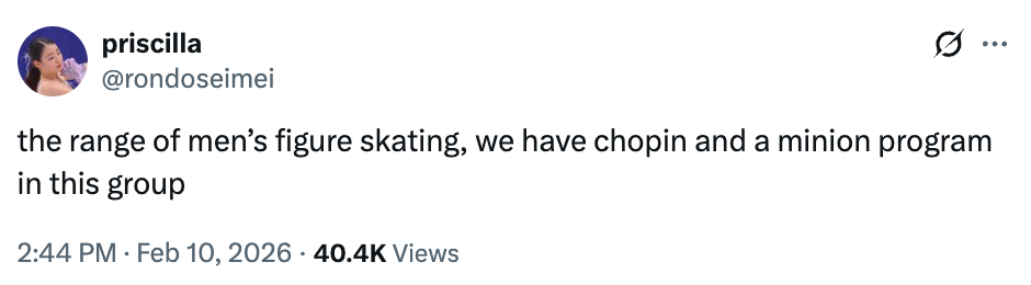 Tweet som diskuterer kunstløpsprogrammer for menn med Chopin og et Minion-tema