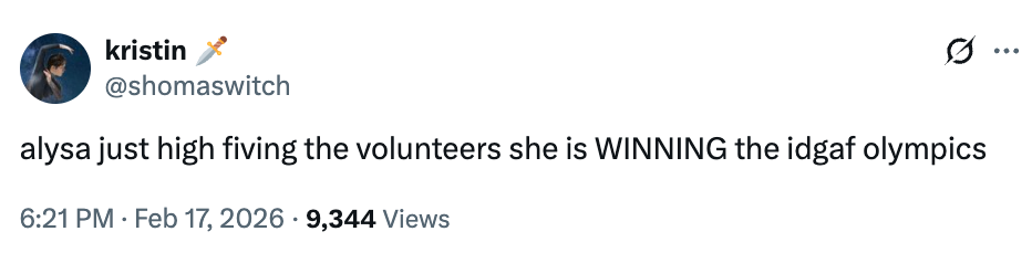 Tweet av bruker: "alysa bare high fiving de frivillige hun VINNER idgaf OL."