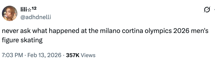 Tweet av brukeren lili om kunstløp for menn i Milano Cortina OL 2026, noe som antyder en begivenhetsrik eller kontroversiell hendelse