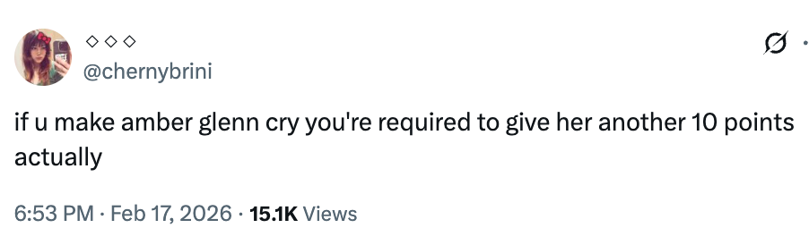 Tweet av @chernybrini: "hvis du får amber glenn til å gråte, må du faktisk gi henne ytterligere 10 poeng."