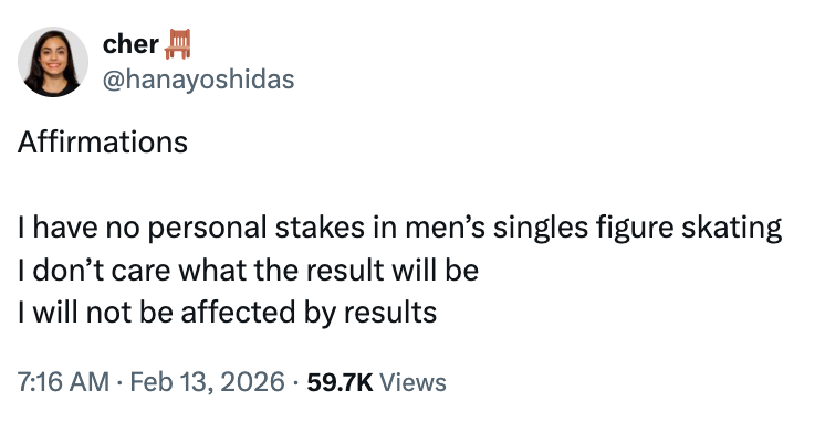 Tweet av brukeren cher (@hanayoshidas) med påstander om likegyldighet til singler på kunstløp for menn, med 59,7 000 visninger