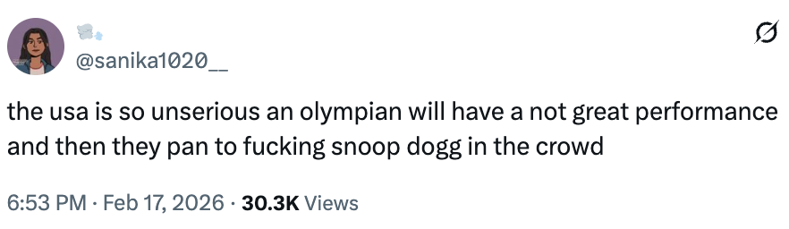 Tweet av bruker: "USA er så useriøst at en olympisk spiller vil ha en ikke bra ytelse, og så panorerer de for å snoke hund i mengden."