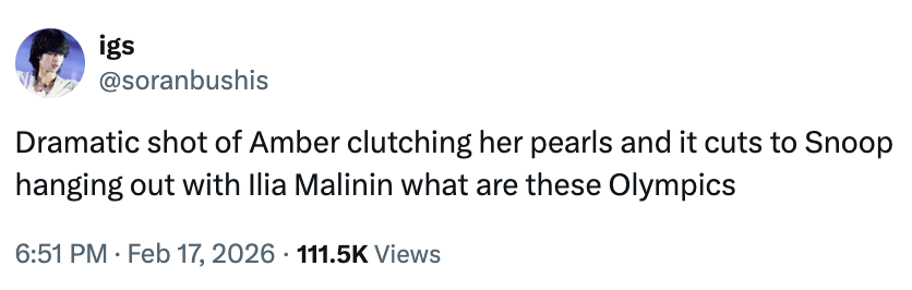 Tweet fra en bruker som stiller spørsmål ved en scene i OL med Amber som holder perler og Snoop med Ilia Malinin