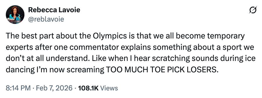 Tweet av Rebecca Lavoie som fleiper om å bli en midlertidig ekspert på isdans etter kommentar