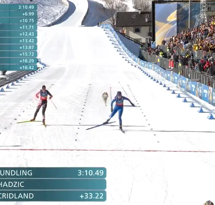 En hund løper over målstreken mellom to langrennsløpere under et løp på en snødekt bane