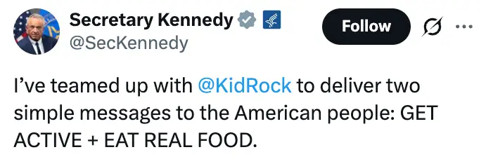 Tweet fra sekretær Kennedy kunngjør samarbeid med Kid Rock, og oppfordrer publikum til å 