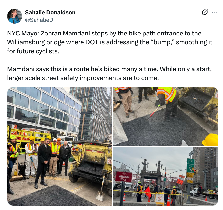 Folk observerte veiarbeid nær Williamsburg Bridge sykkelsti. NYC-ordfører Zohra Mamdani fremhever forbedringer av sykkelruter for sikkerhet