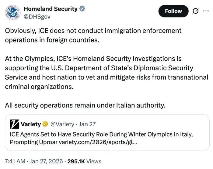 Tweet fra Homeland Security som klargjør at ICE ikke utfører utenlandske operasjoner; de støtter USAs innsats under OL under italiensk myndighet