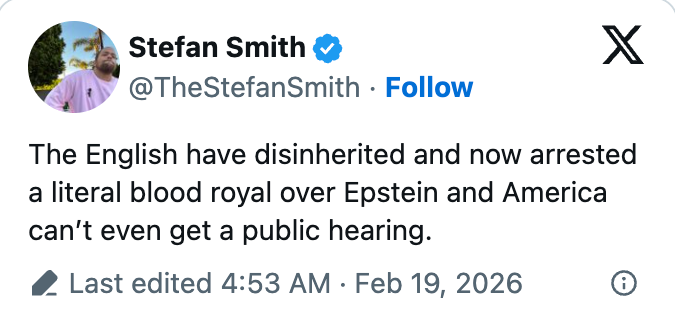 Tweet om at engelskmennene gjorde arveløse og arresterte en kongelig over Epstein, og stilte spørsmål ved USAs manglende offentlig høring