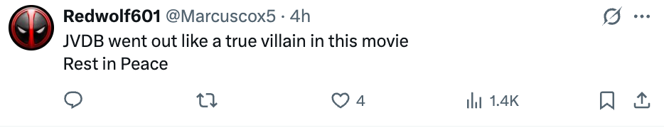 Tweet av brukeren Redwolf601, og nevner JVDBs skurkerolle i en film, og slutter med 