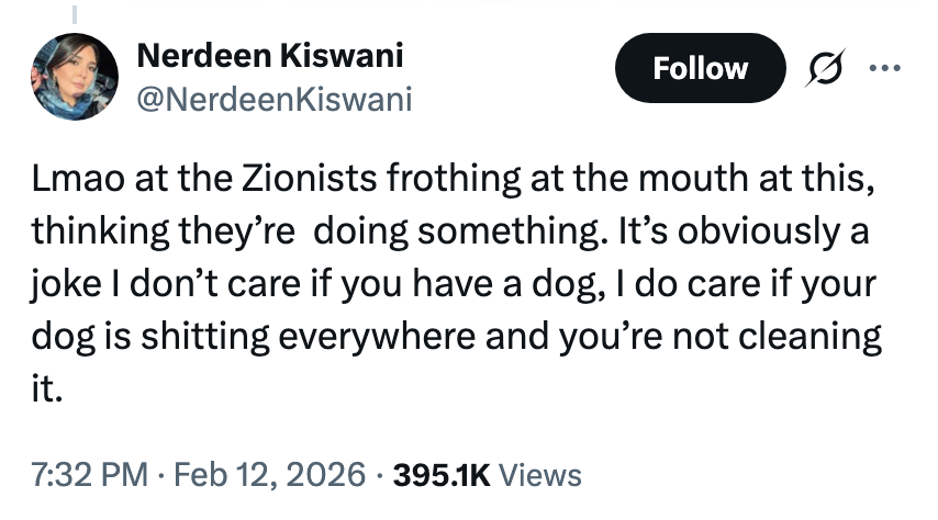 Tweet av Nerdeen Kiswani som fleiper om folk som ikke rydder opp etter hundene sine
