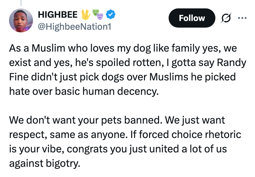 Tweet fra bruker som kritiserer Randy Fine for å velge hunder fremfor muslimer, og tar til orde for lik respekt og enhet mot bigotry