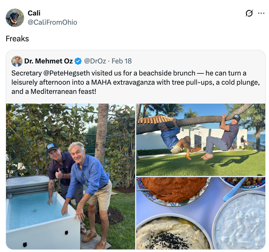 Delt bilde av to menn som trener på et tre og brunsjmåltid på et bord, tweetet av Dr. Oz om en unik tur med Pete Hegseth