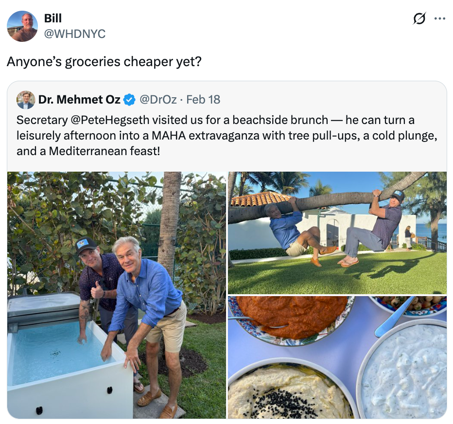 En tweet spør om dagligvarer er billigere, og viser et skjermbilde av Dr. Mehmet Oz' tweet med bilder av en treningsøkt ved stranden og middelhavsmat