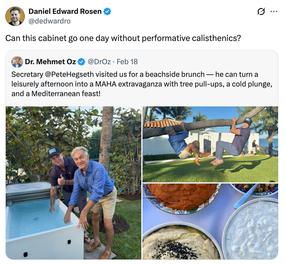 Tweet hånende performative calisthenics viser bilder av utendørs strandbrunsj, tretrekk, en kald dukkert og en middelhavsfest