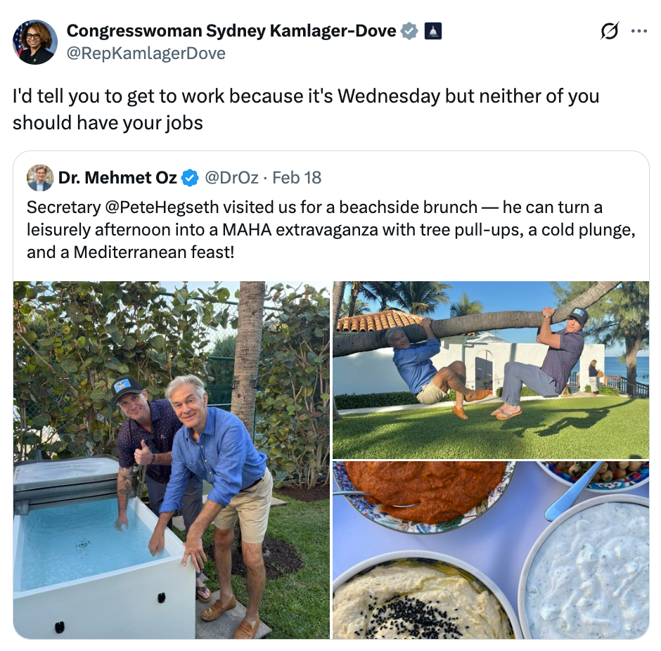 Tweet som viser Dr. Mehmet Oz ved stranden med øvelser og brunsj. Sydney Kamlager-Dove kommenterer humoristisk på fritid versus arbeid