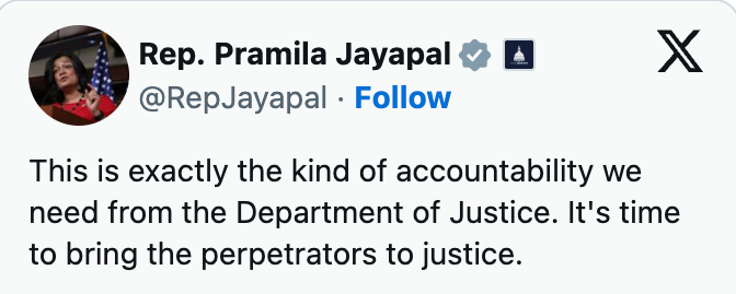 Tweet av representant Pramila Jayapal krever DOJ ansvarlighet og rettferdighet for gjerningsmenn