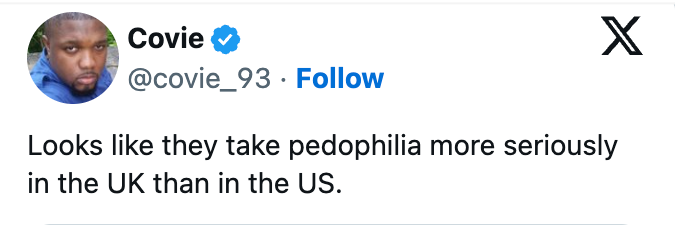 Tweet av bruker som nevner forskjeller i alvoret i å håndtere pedofili mellom Storbritannia og USA