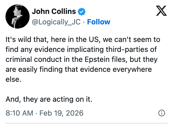 Tweet av John Collins som stiller spørsmål ved fraværet av tredjepartsbevis i Epstein-filer i USA, og kontrasterer det med funn andre steder